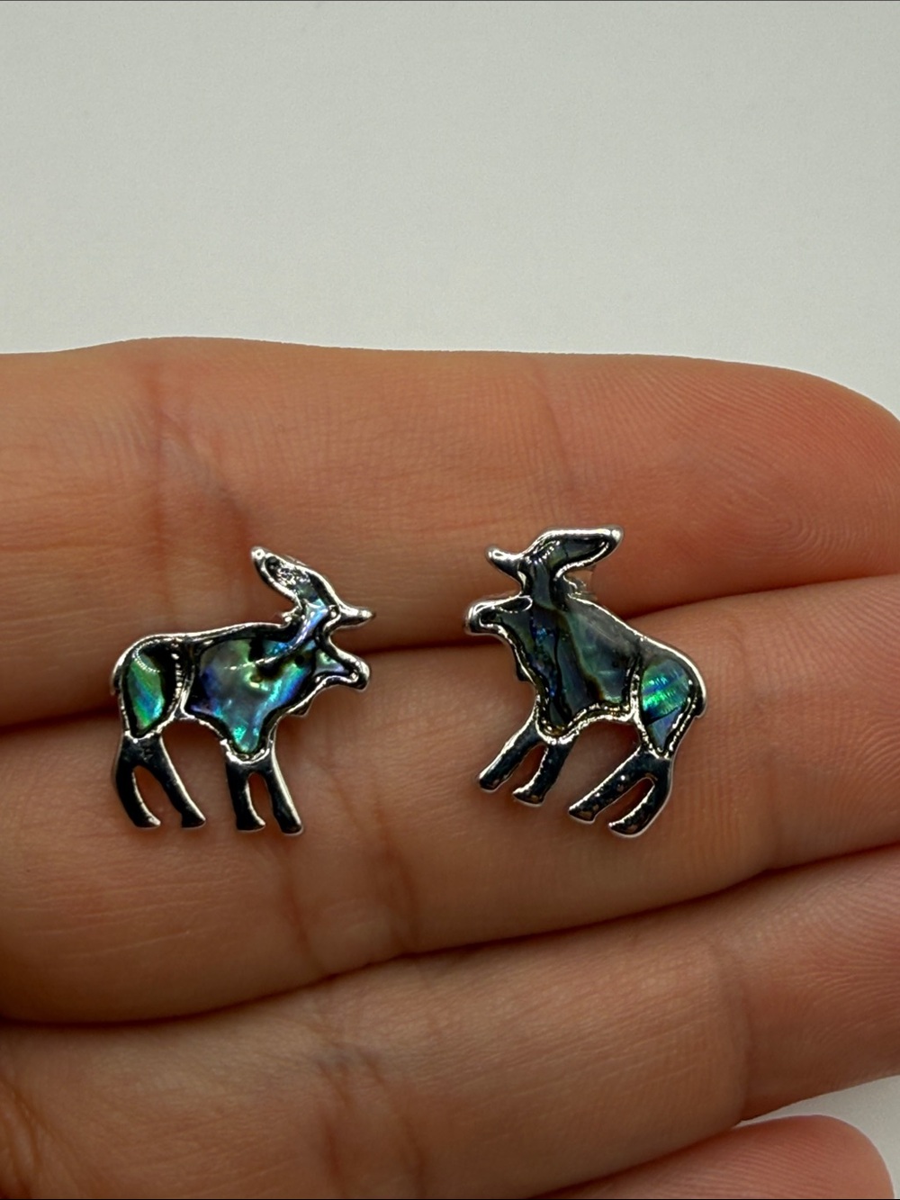 Vintage Silver Tone Abalone Moose Stud Statement Earrings